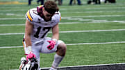Minnesota Golden Gophers defensive back John Nestor (17) kneels in the endzone before a football game against the Iowa Hawkeyes Oct. 25, 2025 at Kinnick Stadium in Iowa City, Iowa.