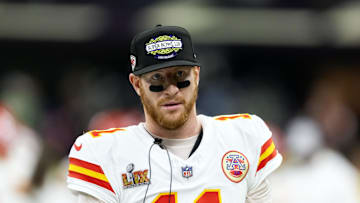 Feb 9, 2025; New Orleans, LA, USA;  Kansas City Chiefs quarterback Carson Wentz (11) against the Philadelphia Eagles in Super Bowl LIX at Ceasars Superdome. Mandatory Credit: Mark J. Rebilas-Imagn Images