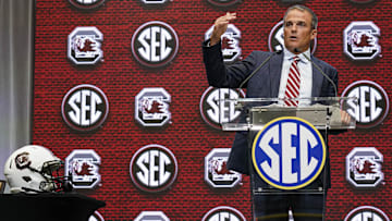 Jul 19, 2022; Atlanta, GA, USA; South Carolina head coach Shane Beamer on the stage talking to the media during SEC Media Days at the College Football Hall of Fame. Mandatory Credit: Dale Zanine-Imagn Images