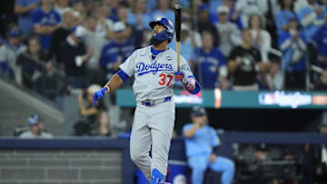 Oct 31, 2025; Toronto, Ontario, CAN; Los Angeles Dodgers right fielder Teoscar Hernandez (37) reacts after a strik in the eighth inning against the Toronto Blue Jays during game six of the 2025 MLB World Series at Rogers Centre. 