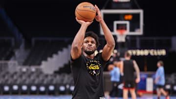 Dec 6, 2024; Atlanta, Georgia, USA; Los Angeles Lakers guard Bronny James (9) warms up before a game against the Atlanta Hawks at State Farm Arena. Mandatory Credit: Brett Davis-Imagn Images
