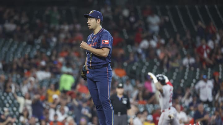 Houston Astros starting pitcher Yusei Kikuchi (16) reacts and Boston Red Sox center fielder Jarren Duran (16) rounds the bases after hitting a home run during the first inning at Minute Maid Park on Aug 19.