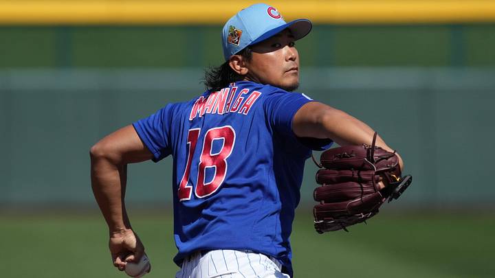 Feb 24, 2026; Mesa, Arizona, USA; Chicago Cubs pitcher Shota Imanaga (18) throws to the plate in the first inning against the San Diego Padres at Sloan Park. Mandatory Credit: Rick Scuteri-Imagn Images