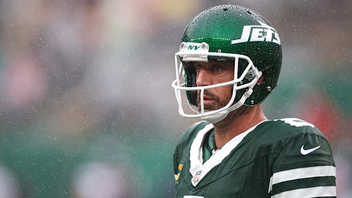 Sep 29, 2024; East Rutherford, New Jersey, USA; New York Jets quarterback Aaron Rodgers (8) looks on during the first half against the Denver Broncos at MetLife Stadium. Sep 29, 2024; East Rutherford, New Jersey, USA; New York Jets quarterback Aaron Rodgers (8) looks on during the first half against the Denver Broncos at MetLife Stadium.