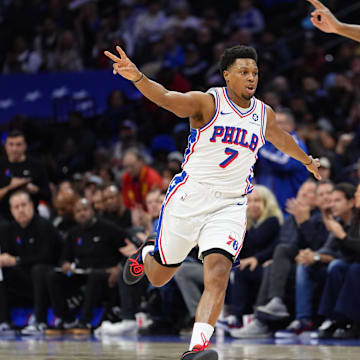Feb 2, 2025; Philadelphia, Pennsylvania, USA; Philadelphia 76ers guard Kyle Lowry (7) reacts against the Boston Celtics in the second quarter at Wells Fargo Center. Mandatory Credit: Kyle Ross-Imagn Images