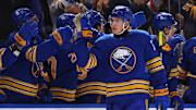 Oct 12, 2024; Buffalo, New York, USA;  Buffalo Sabres center Tage Thompson (72) celebrates his goal with teammates during the first period against the Florida Panthers at KeyBank Center. Mandatory Credit: Timothy T. Ludwig-Imagn Images