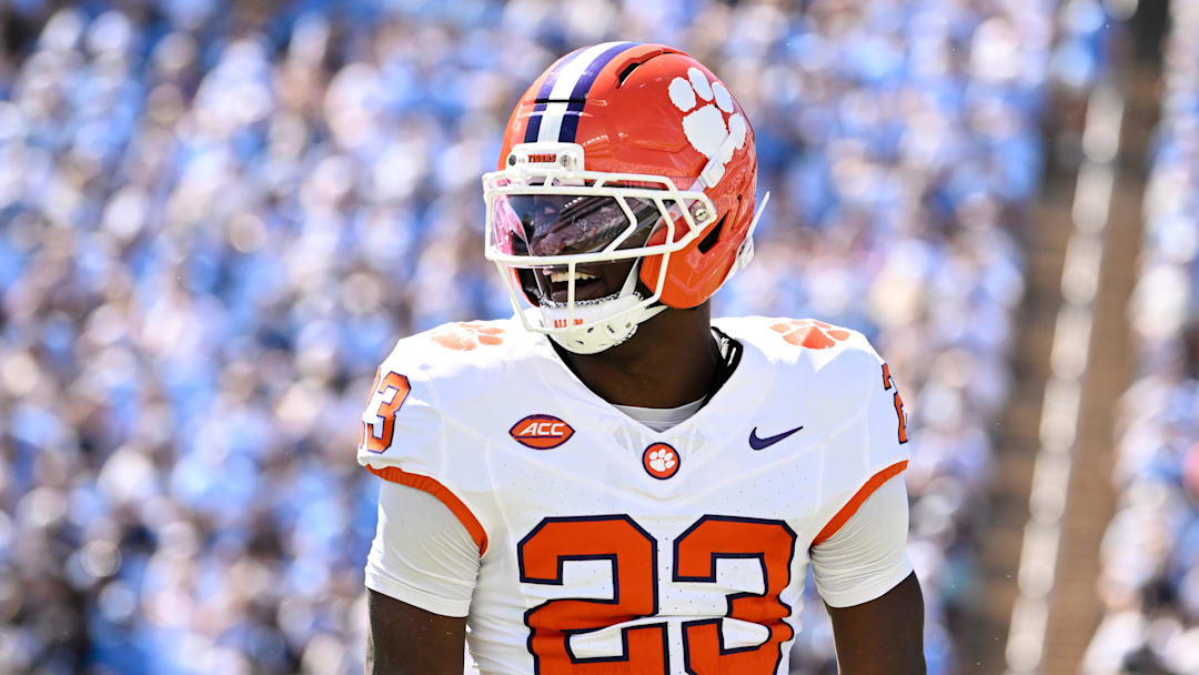 Oct 4, 2025; Chapel Hill, North Carolina, USA; Clemson Tigers cornerback Ashton Hampton (23) reacts in the second quarter at Kenan Stadium. Mandatory Credit: Bob Donnan-Imagn Images