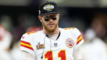 Feb 9, 2025; New Orleans, LA, USA;  Kansas City Chiefs quarterback Carson Wentz (11) against the Philadelphia Eagles in Super Bowl LIX at Ceasars Superdome. Mandatory Credit: Mark J. Rebilas-Imagn Images