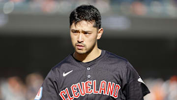 Oct 9, 2024; Detroit, Michigan, USA; Cleveland Guardians outfielder Steven Kwan (38) reacts after the fifth inning during game three of the ALDS for the 2024 MLB Playoffs at Comerica Park. Mandatory Credit: Rick Osentoski-Imagn Images