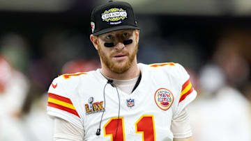 Feb 9, 2025; New Orleans, LA, USA;  Kansas City Chiefs quarterback Carson Wentz (11) against the Philadelphia Eagles in Super Bowl LIX at Ceasars Superdome. Mandatory Credit: Mark J. Rebilas-Imagn Images