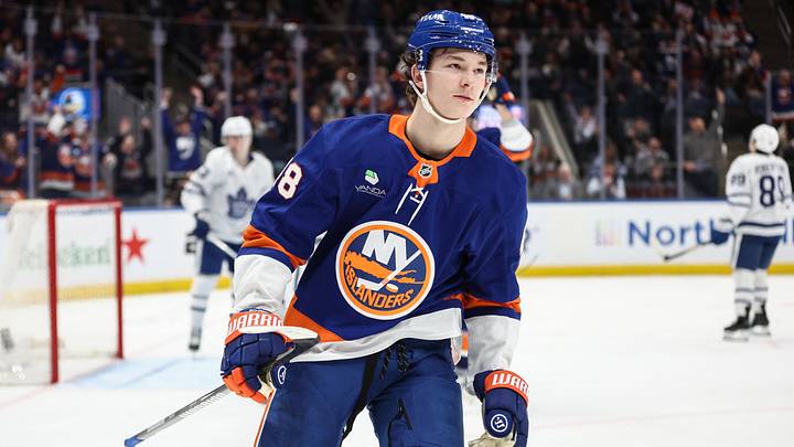 Apr 9, 2026; Elmont, New York, USA;  New York Islanders defenseman Matthew Schaefer (48) reacts after scoring a goal in the second period against the Toronto Maple Leafs at UBS Arena. Mandatory Credit: Wendell Cruz-Imagn Images