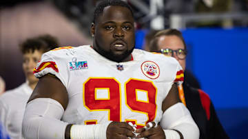 Feb 12, 2023; Glendale, Arizona, US; Kansas City Chiefs defensive tackle Khalen Saunders (99) against the Philadelphia Eagles during Super Bowl LVII at State Farm Stadium.