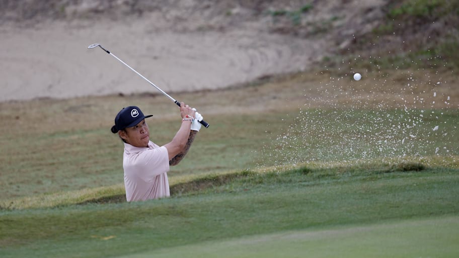Anthony Kim hits from a bunker to the third green during the final round of the 2025 LIV Golf Promotions event.
