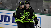 Apr 3, 2025; Dallas, Texas, USA; Dallas Stars center Wyatt Johnston (53) and center Sam Steel (18) celebrates a goal scored by Johnston against the Nashville Predators during the third period at the American Airlines Center. Mandatory Credit: Jerome Miron-Imagn Images