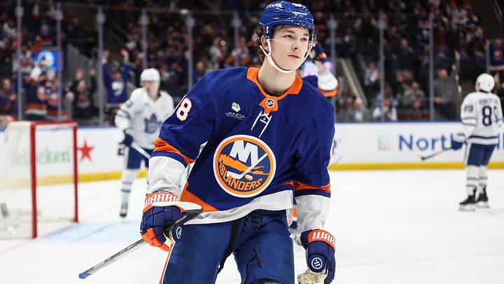 Apr 9, 2026; Elmont, New York, USA; New York Islanders defenseman Matthew Schaefer (48) reacts after scoring a goal in the second period against the Toronto Maple Leafs at UBS Arena. Apr 9, 2026; Elmont, New York, USA; New York Islanders defenseman Matthew Schaefer (48) reacts after scoring a goal in the second period against the Toronto Maple Leafs at UBS Arena.