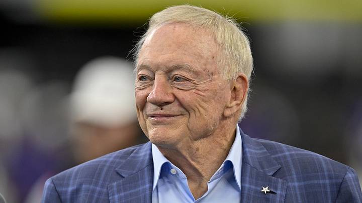 Aug 16, 2025; Arlington, Texas, USA; Dallas Cowboys owner Jerry Jones (left) looks on before the game against the Baltimore Ravens at AT&T Stadium. Mandatory Credit: Jerome Miron-Imagn Images