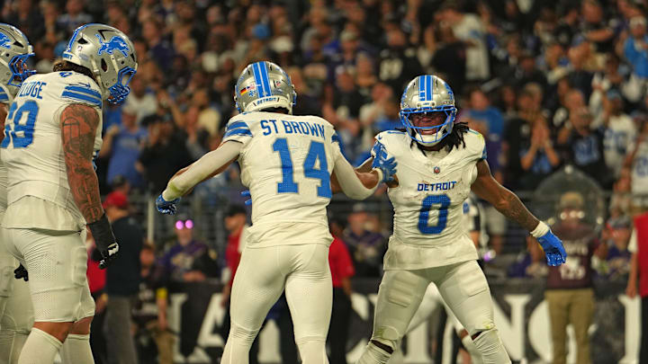 Detroit Lions running back Jahmyr Gibbs scored two touchdowns in a 38–30 win over the Ravens. Detroit Lions running back Jahmyr Gibbs scored two touchdowns in a 38–30 win over the Ravens.