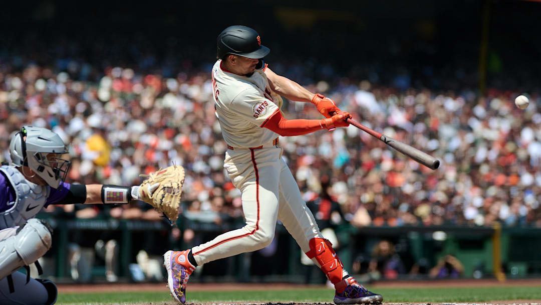 May 4, 2025; San Francisco, California, USA; San Francisco Giants shortstop Willy Adames (2) hits an RBI double against the Colorado Rockies during the fifth inning at Oracle Park. May 4, 2025; San Francisco, California, USA; San Francisco Giants shortstop Willy Adames (2) hits an RBI double against the Colorado Rockies during the fifth inning at Oracle Park.