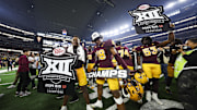 Dec 7, 2024; Arlington, TX, USA;  Iowa State Cyclones defensive back David Coffey (18) celebrates with teammates after the game against the Iowa State Cyclones at AT&T Stadium. Mandatory Credit: Kevin Jairaj-Imagn Images