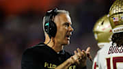 Gainesville, Florida, USA; Florida State Seminoles head coach Mike Norvell gestures against the Florida Gators during the second half at Ben Hill Griffin Stadium. 