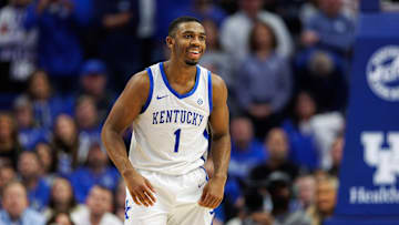 Dec 14, 2024; Lexington, Kentucky, USA; Kentucky Wildcats guard Lamont Butler (1) smiles during the second half against the Louisville Cardinals at Rupp Arena at Central Bank Center. Mandatory Credit: Jordan Prather-Imagn Images