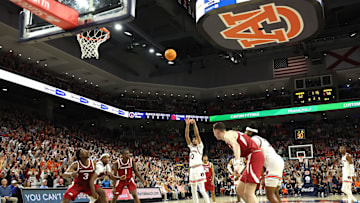 Feb 19, 2025; Auburn, Alabama, USA;  Auburn Tigers guard Chad Baker-Mazara (10) attempts a free throw against the Arkansas Razorbacks during the second half at Neville Arena. Mandatory Credit: John Reed-Imagn Images