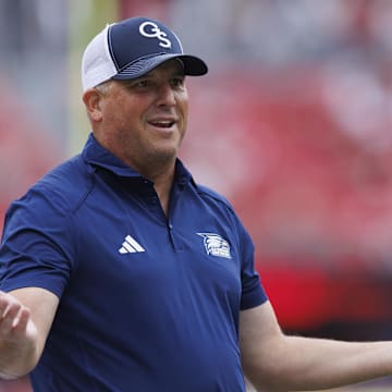 Sep 16, 2023; Madison, Wisconsin, USA;  Georgia Southern Eagles head coach Clay Helton reacts to a call during the third quarter against the Wisconsin Badgers at Camp Randall Stadium. Mandatory Credit: Jeff Hanisch-Imagn Images