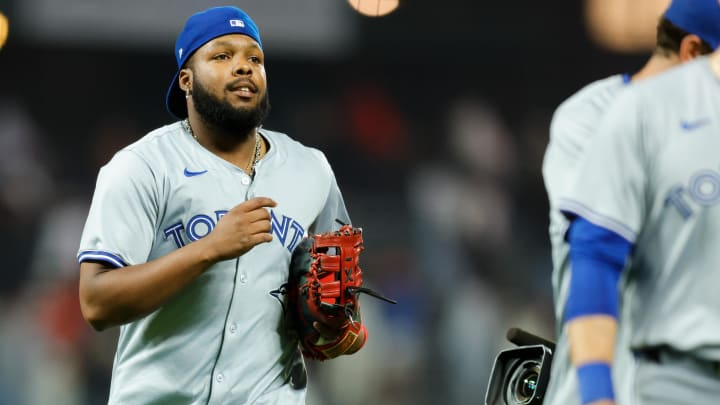 Jul 10, 2024; San Francisco, California, USA; Toronto Blue Jays first baseman Vladimir Guerrero Jr. (27) runs off the field after a game against the San Francisco Giants at Oracle Park.