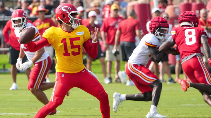 Jul 26, 2024; Kansas City, MO, USA; Kansas City Chiefs quarterback Patrick Mahomes (15) throws a pass during training camp at Missouri Western State University. Mandatory Credit: Denny Medley-USA TODAY Sports