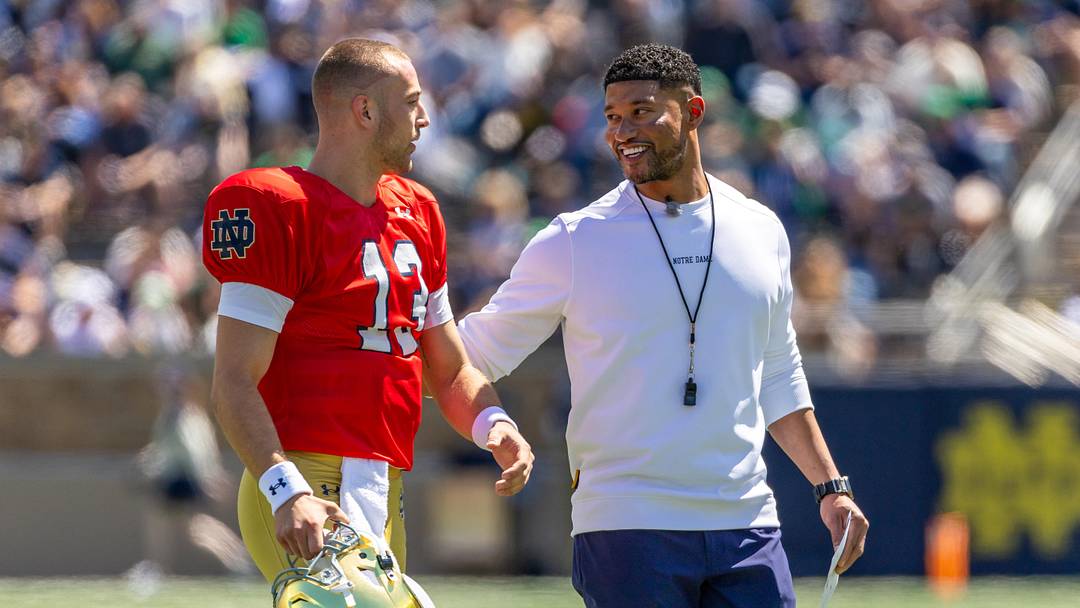 Apr 25, 2026; Notre Dame, IN, USA; Notre Dame Fighting Irish head coach Marcus Freeman talks with quarterback CJ Carr (13) during the Blue-Gold game at Notre Dame Stadium. Mandatory Credit: Michael Caterina-Imagn Images Apr 25, 2026; Notre Dame, IN, USA; Notre Dame Fighting Irish head coach Marcus Freeman talks with quarterback CJ Carr (13) during the Blue-Gold game at Notre Dame Stadium. Mandatory Credit: Michael Caterina-Imagn Images
