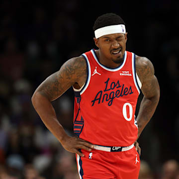 Nov 6, 2025; Phoenix, Arizona, USA; Los Angeles Clippers guard Bradley Beal (0) reacts against the Phoenix Suns in the first half at the Mortgage Matchup Center. Mandatory Credit: Mark J. Rebilas-Imagn Images
