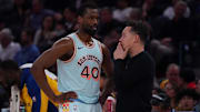 Apr 9, 2025; San Francisco, California, USA;  San Antonio Spurs forward Harrison Barnes (40) talks with interim head coach Mitch Johnson in the fourth quarter against the Golden State Warriors at Chase Center. Mandatory Credit: David Gonzales-Imagn Images