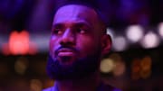 Jan 5, 2025; Houston, Texas, USA; Los Angeles Lakers forward LeBron James (23) reacts to the national anthem before playing against the Houston Rockets Toyota Center. Mandatory Credit: Thomas Shea-Imagn Images