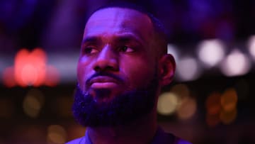 Jan 5, 2025; Houston, Texas, USA; Los Angeles Lakers forward LeBron James (23) reacts to the national anthem before playing against the Houston Rockets Toyota Center. Mandatory Credit: Thomas Shea-Imagn Images