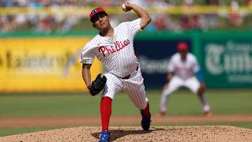 Mar 4, 2025; Clearwater, Florida, USA; Philadelphia Phillies pitcher Ranger Suarez (55) throws a pitch against the New York Yankees in the fifth inning during spring training at BayCare Ballpark.