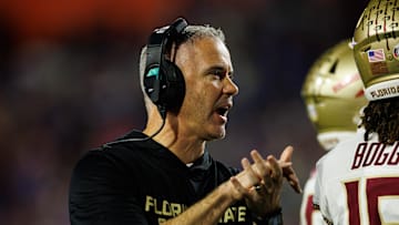 Nov 29, 2025; Gainesville, Florida, USA; Florida State Seminoles head coach Mike Norvell gestures against the Florida Gators during the second half at Ben Hill Griffin Stadium. Mandatory Credit: Matt Pendleton-Imagn Images