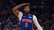 Mar 8, 2025; San Francisco, California, USA; Detroit Pistons guard Malik Beasley (5) signals for a shot clock violation during a game against the Warriors in the fourth quarter at Chase Center. Mandatory Credit: David Gonzales-Imagn Images