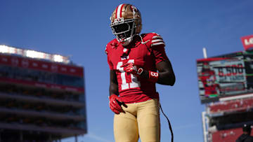 Oct 20, 2024; Santa Clara, California, USA; San Francisco 49ers wide receiver Brandon Aiyuk (11) walks on the field before the start of the game against the Kansas City Chiefs at Levi's Stadium. Mandatory Credit: Cary Edmondson-Imagn Images