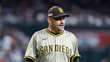 Jun 13, 2025; Phoenix, Arizona, USA; San Diego Padres pitching coach Ruben Niebla against the Arizona Diamondbacks at Chase Field. Mandatory Credit: Mark J. Rebilas-Imagn Images