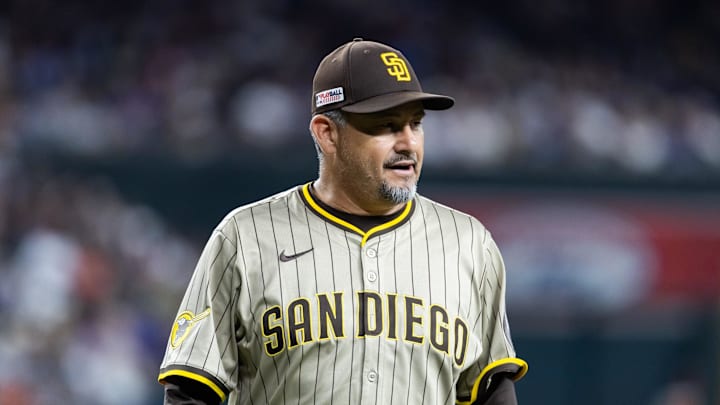 Jun 13, 2025; Phoenix, Arizona, USA; San Diego Padres pitching coach Ruben Niebla against the Arizona Diamondbacks at Chase Field. Mandatory Credit: Mark J. Rebilas-Imagn Images