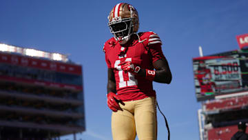 Oct 20, 2024; Santa Clara, California, USA; San Francisco 49ers wide receiver Brandon Aiyuk (11) walks on the field before the start of the game against the Kansas City Chiefs at Levi's Stadium. Mandatory Credit: Cary Edmondson-Imagn Images