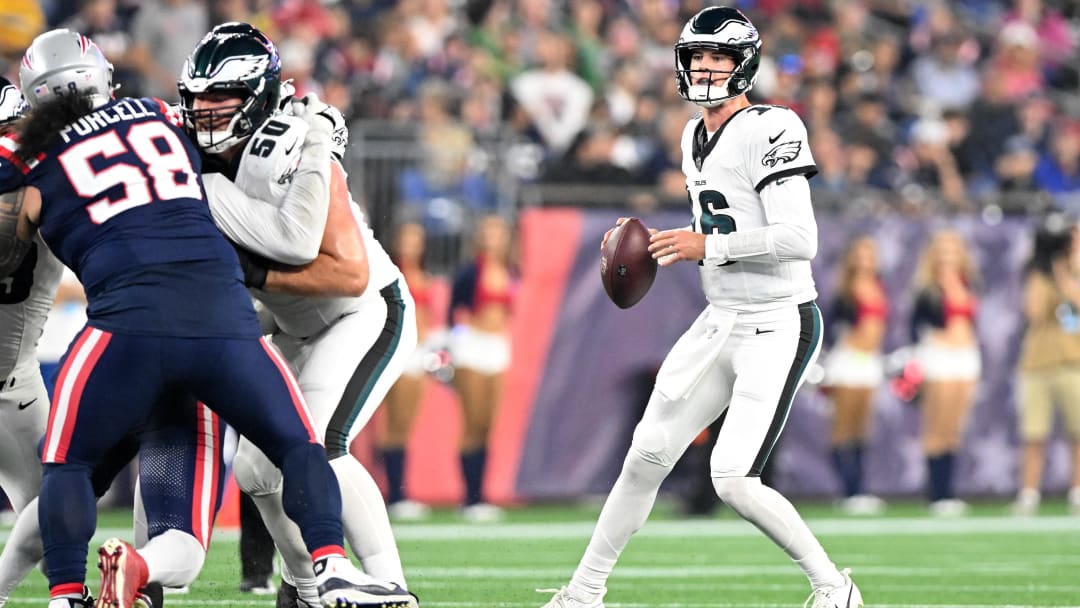 Aug 15, 2024; Foxborough, Massachusetts, USA; Philadelphia Eagles quarterback Tanner McKee (16) looks to pass against the New England Patriots during the second half at Gillette Stadium. Mandatory Credit: Brian Fluharty-USA TODAY Sports