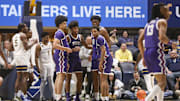 Feb 25, 2025; Morgantown, West Virginia, USA; TCU Horned Frogs players huddle during the first half against the West Virginia Mountaineers at WVU Coliseum. Mandatory Credit: Ben Queen-Imagn Images