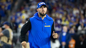 Jan 13, 2025; Glendale, AZ, USA; Los Angeles Rams tight ends coach Nick Caley against the Minnesota Vikings during an NFC wild card game at State Farm Stadium. Mandatory Credit: Mark J. Rebilas-Imagn Images