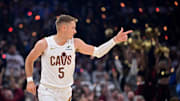 Oct 26, 2025; Cleveland, Ohio, USA; Cleveland Cavaliers guard Sam Merrill (5) celebrates after hitting a three point basket against the Milwaukee Bucks during the first half at Rocket Arena. Mandatory Credit: Ken Blaze-Imagn Images