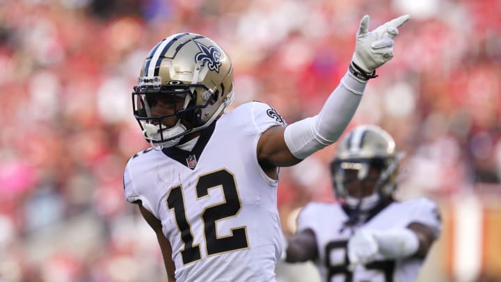 Nov 27, 2022; Santa Clara, California, USA; New Orleans Saints wide receiver Chris Olave (12) gestures after making a play against the San Francisco 49ers in the second quarter at Levi's Stadium. Mandatory Credit: Cary Edmondson-USA TODAY Sports