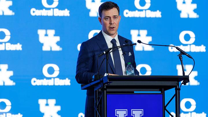 Dec 3, 2025; Lexington, KY, USA; Kentucky Wildcats head football coach Will Stein speaks during his introductory press conference at Nutter Field House. Mandatory Credit: Jordan Prather-Imagn Images