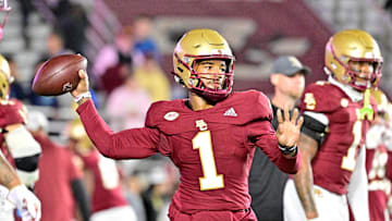 Oct 25, 2024; Chestnut Hill, Massachusetts, USA; Boston College Eagles quarterback Thomas Castellanos (1) warms up before a game against the Louisville Cardinals at Alumni Stadium. Mandatory Credit: Eric Canha-Imagn Images