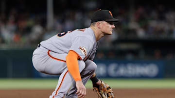 Jul 6, 2025; West Sacramento, California, USA; San Francisco Giants third baseman Matt Chapman (26) gets in position during the seventh inning against the Athletics at Sutter Health Park. 