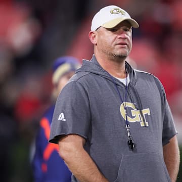 Nov 29, 2024; Athens, Georgia, USA; Georgia Tech Yellow Jackets head coach Brent Key before a game against the Georgia Bulldogs at Sanford Stadium. Mandatory Credit: Brett Davis-Imagn Images